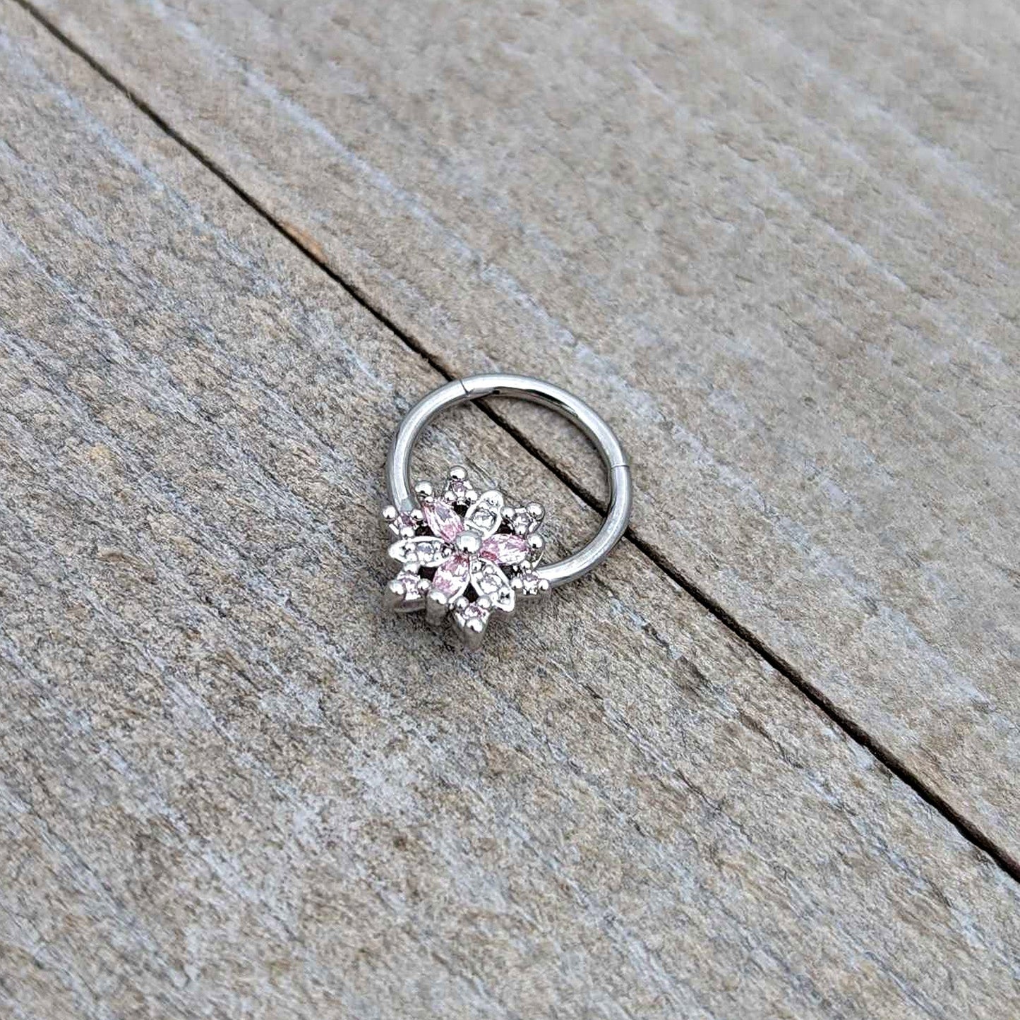 16G 3/8 Clear Pink CZ Gem Snowflake Hinged Circular Ring