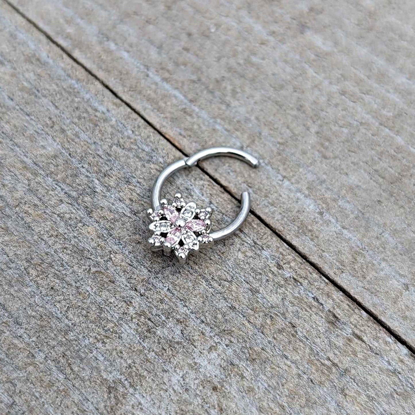 16G 3/8 Clear Pink CZ Gem Snowflake Hinged Circular Ring