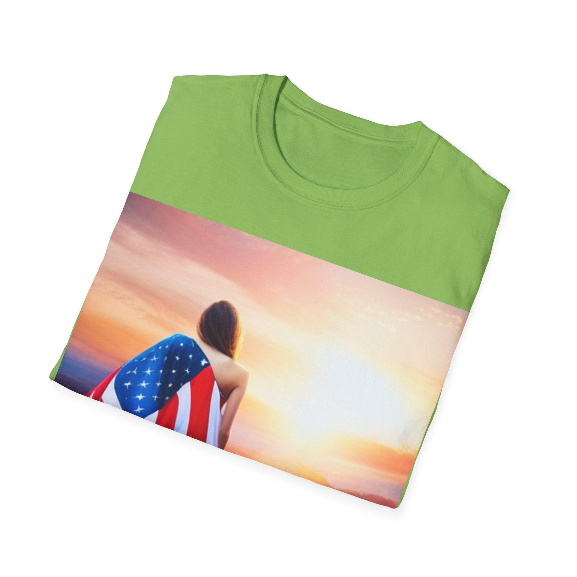 American Woman! Patriot Draped Red, White, and Blue Flag Over Shoulder Looking at Beautiful Horizon Unisex Softstyle T-Shirt - Lizard Vigilante