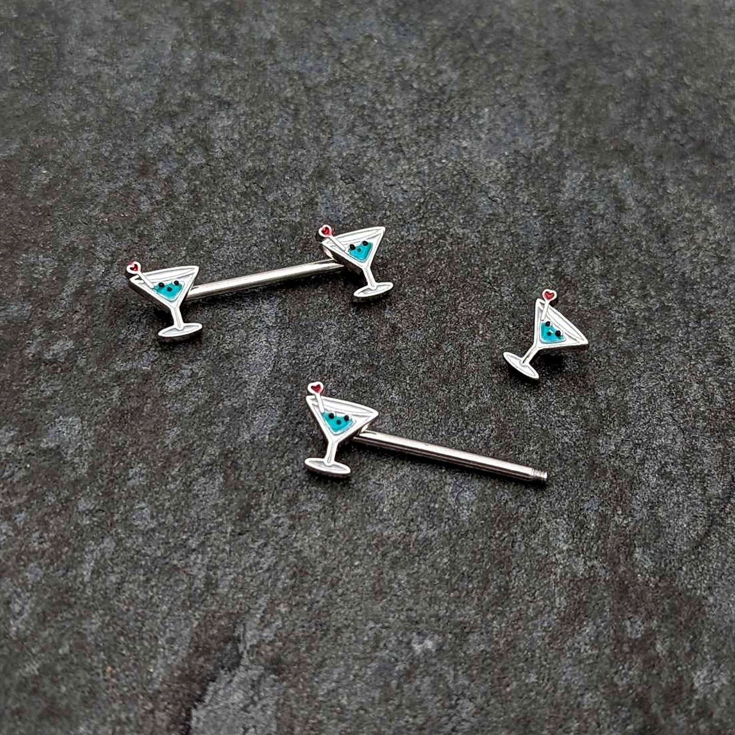 14G 9/16 Sweet Martini Glass Heart Barbell Nipple Ring Set