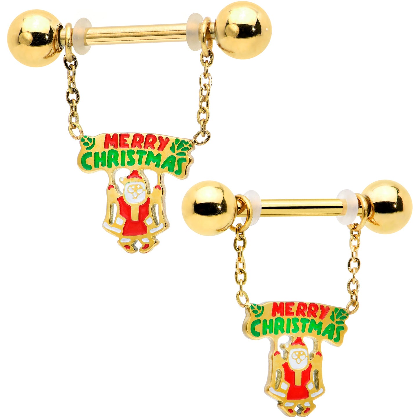 14G 9/16 Gold Tone Santa Merry Christmas Dangle Nipple Ring Set