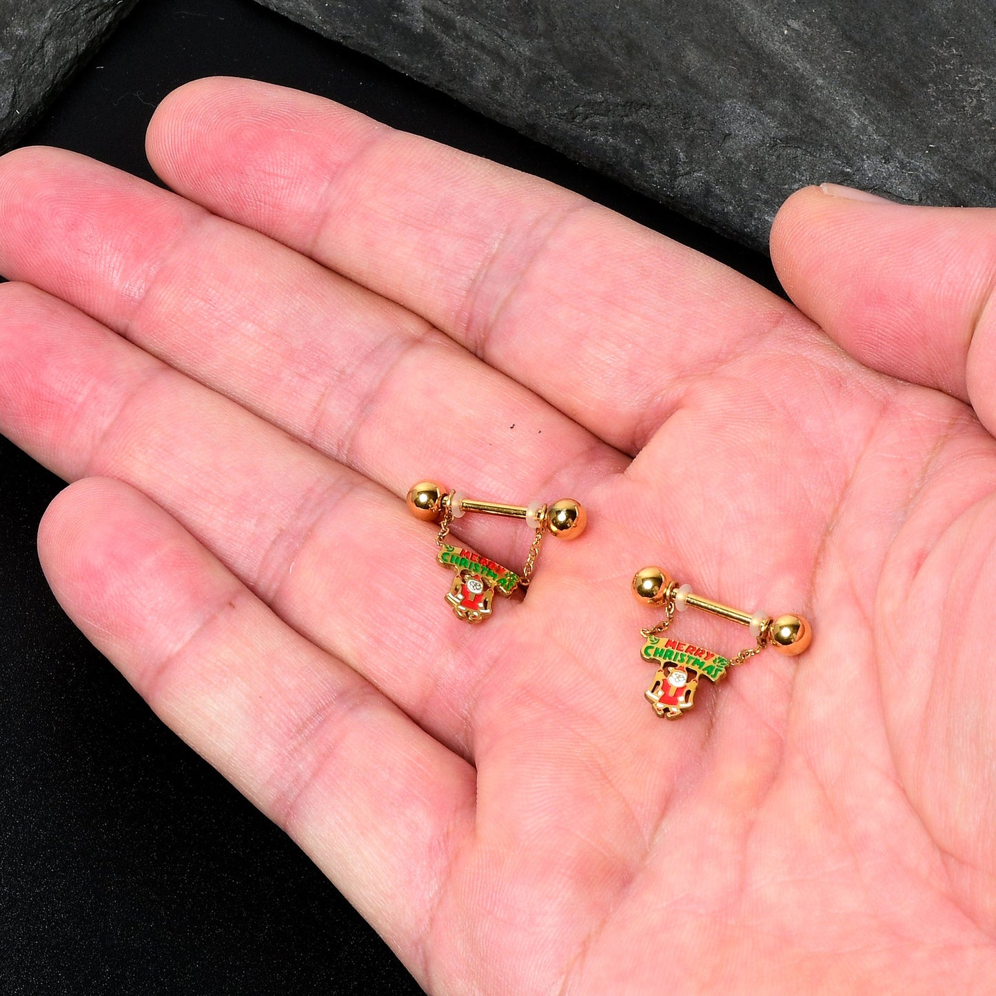 14G 9/16 Gold Tone Santa Merry Christmas Dangle Nipple Ring Set
