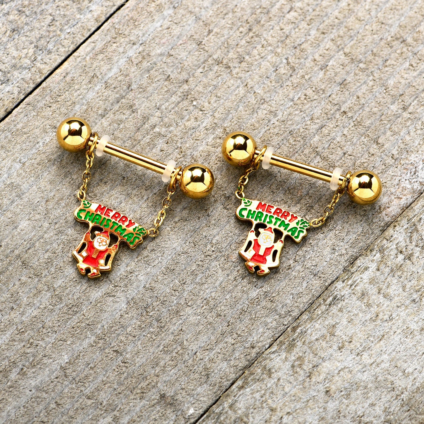 14G 9/16 Gold Tone Santa Merry Christmas Dangle Nipple Ring Set