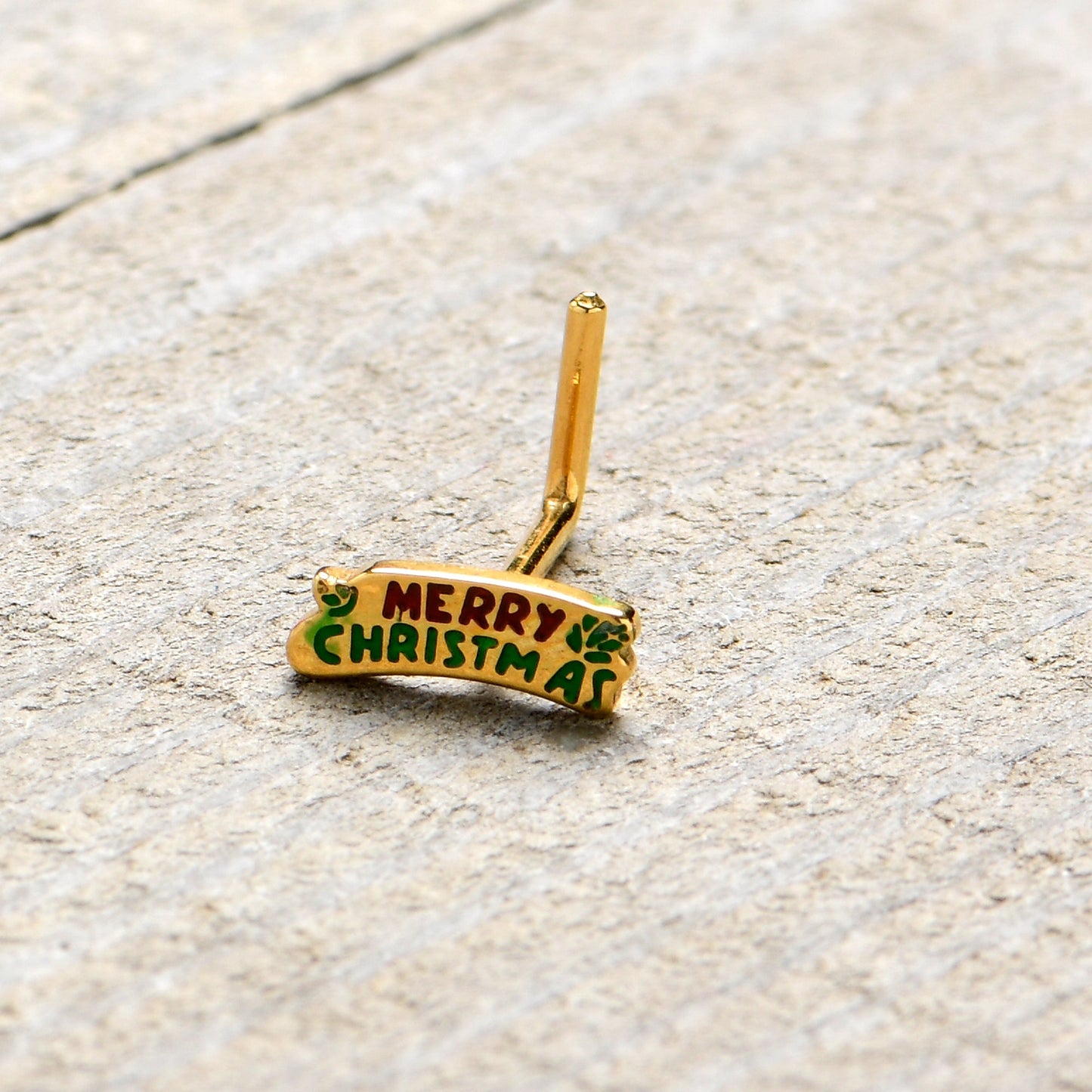 20G 7mm Gold Tone Merry Christmas Inlaid L Shape Nose Ring