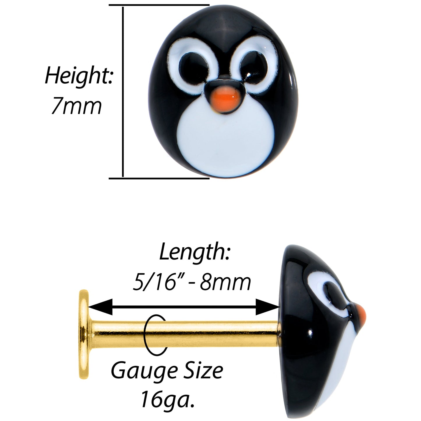 16G 5/16 Gold Hue Round Penguin Face Holiday Labret Monroe Tragus
