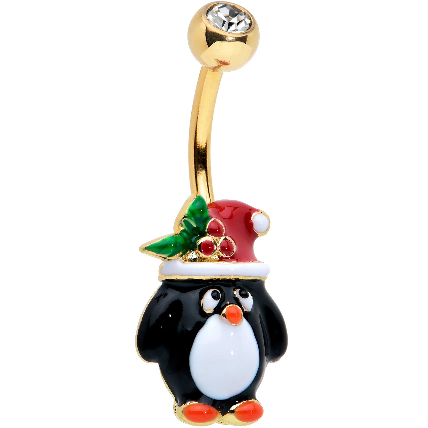 Clear Gem Gold Tone Holly Hat Penguin Holiday Belly Ring