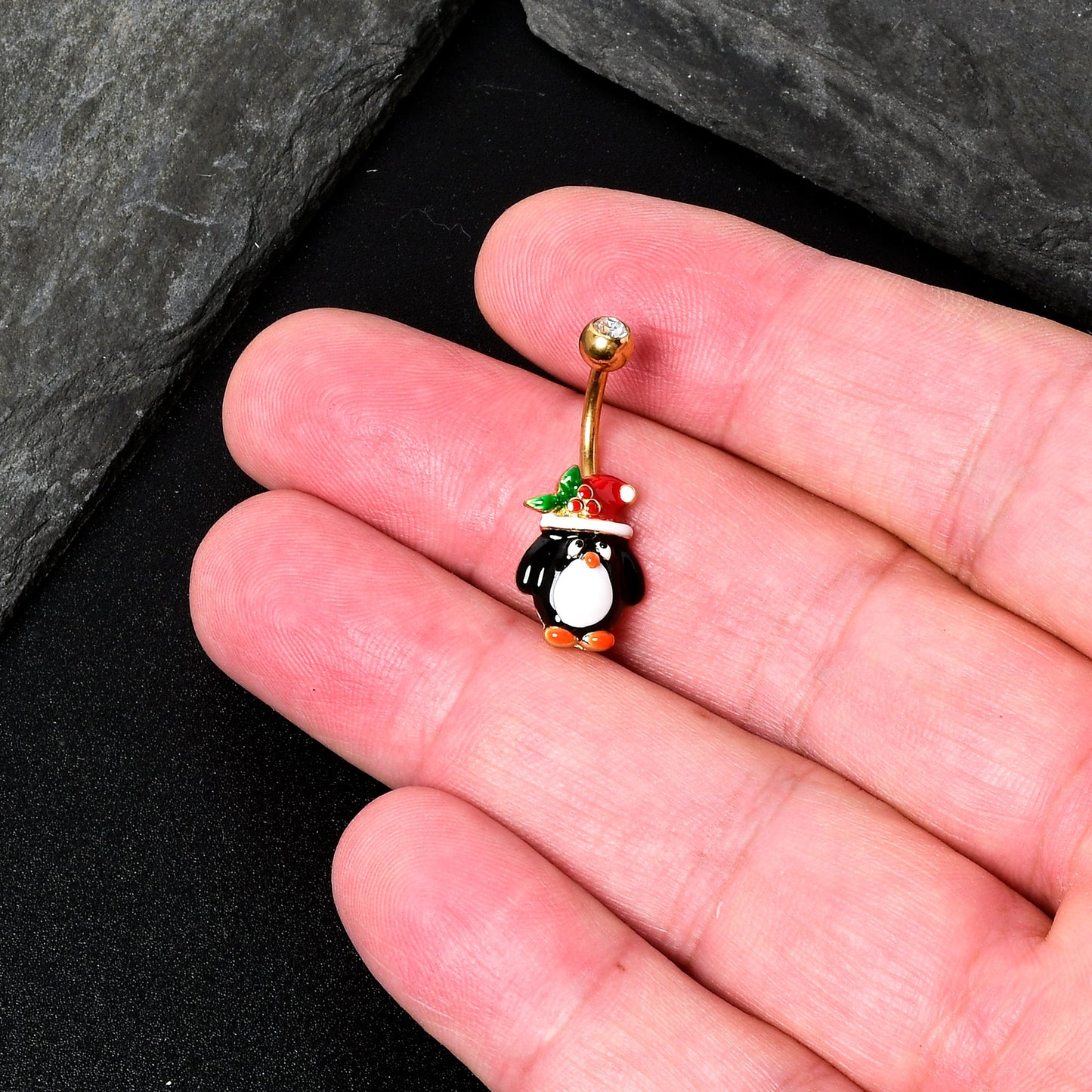 Clear Gem Gold Tone Holly Hat Penguin Holiday Belly Ring