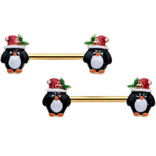 14G 9/16 Gold Tone Holly Hat Penguin Barbell Nipple Ring Set