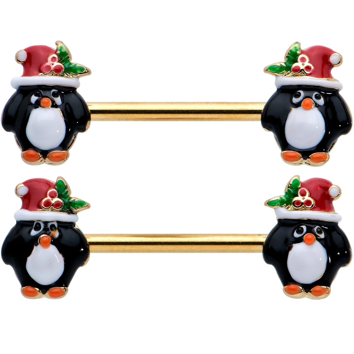 14G 9/16 Gold Tone Holly Hat Penguin Barbell Nipple Ring Set