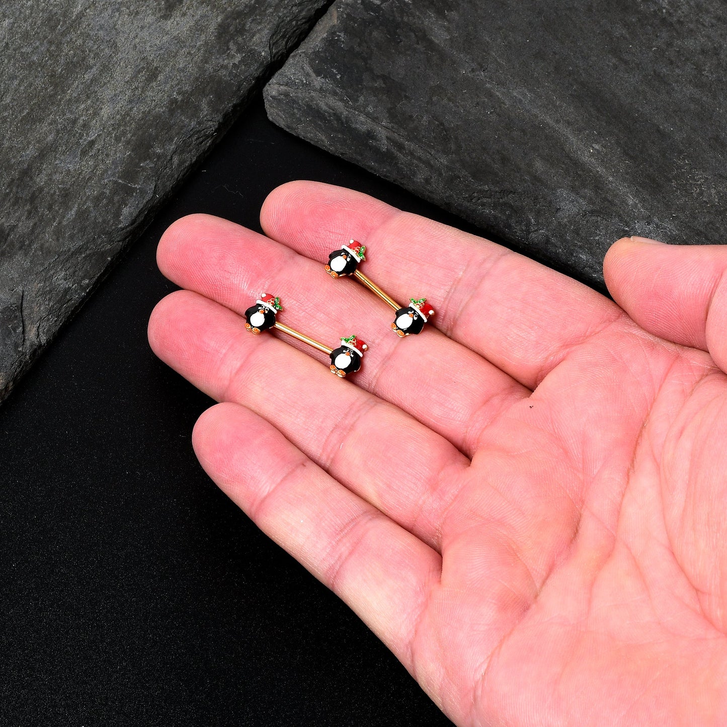 14G 9/16 Gold Tone Holly Hat Penguin Barbell Nipple Ring Set