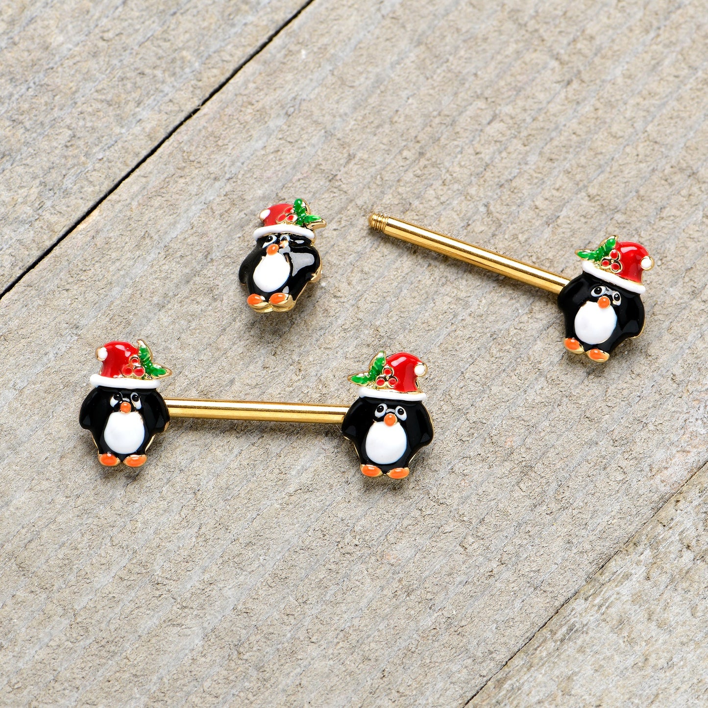 14G 9/16 Gold Tone Holly Hat Penguin Barbell Nipple Ring Set