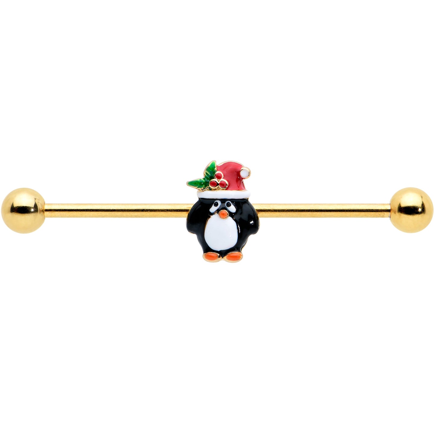 14G Gold Tone Holly Hat Penguin Holiday Industrial Barbell 38mm