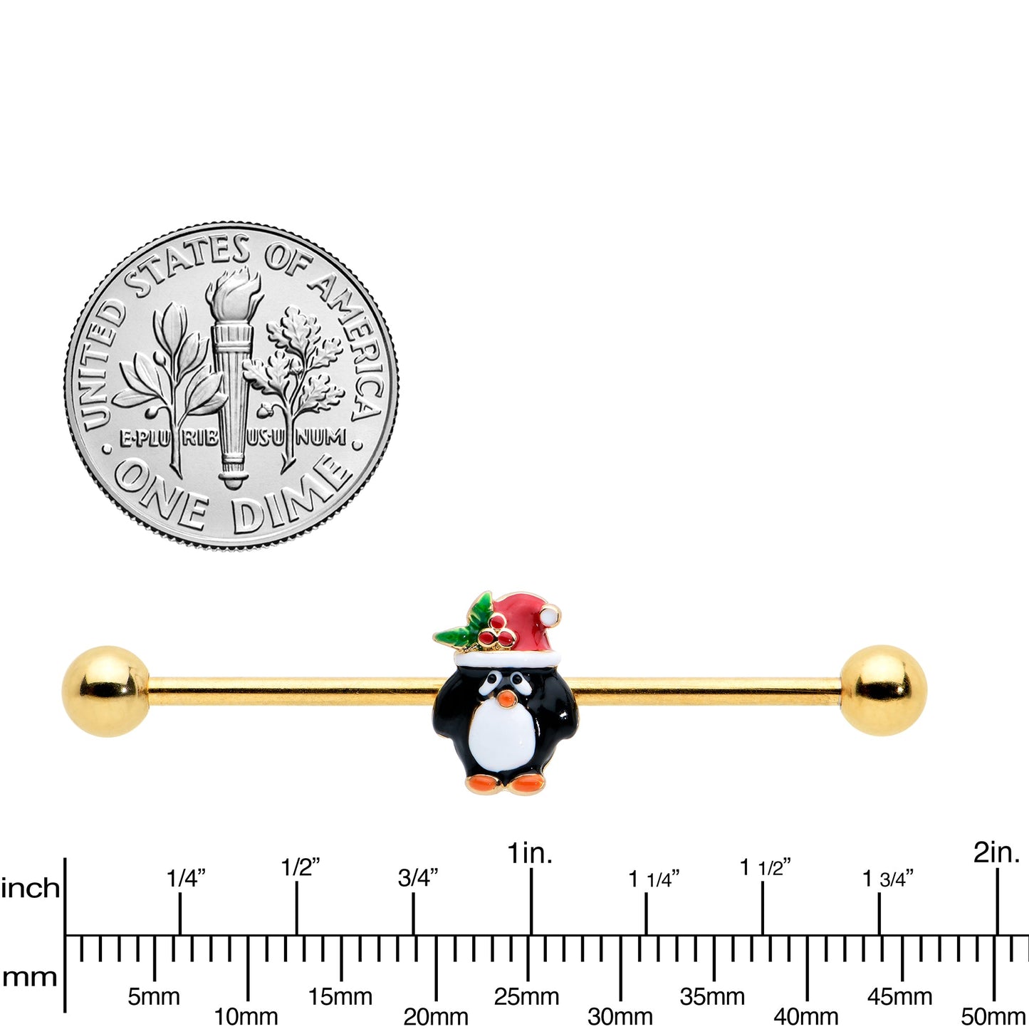14G Gold Tone Holly Hat Penguin Holiday Industrial Barbell 38mm
