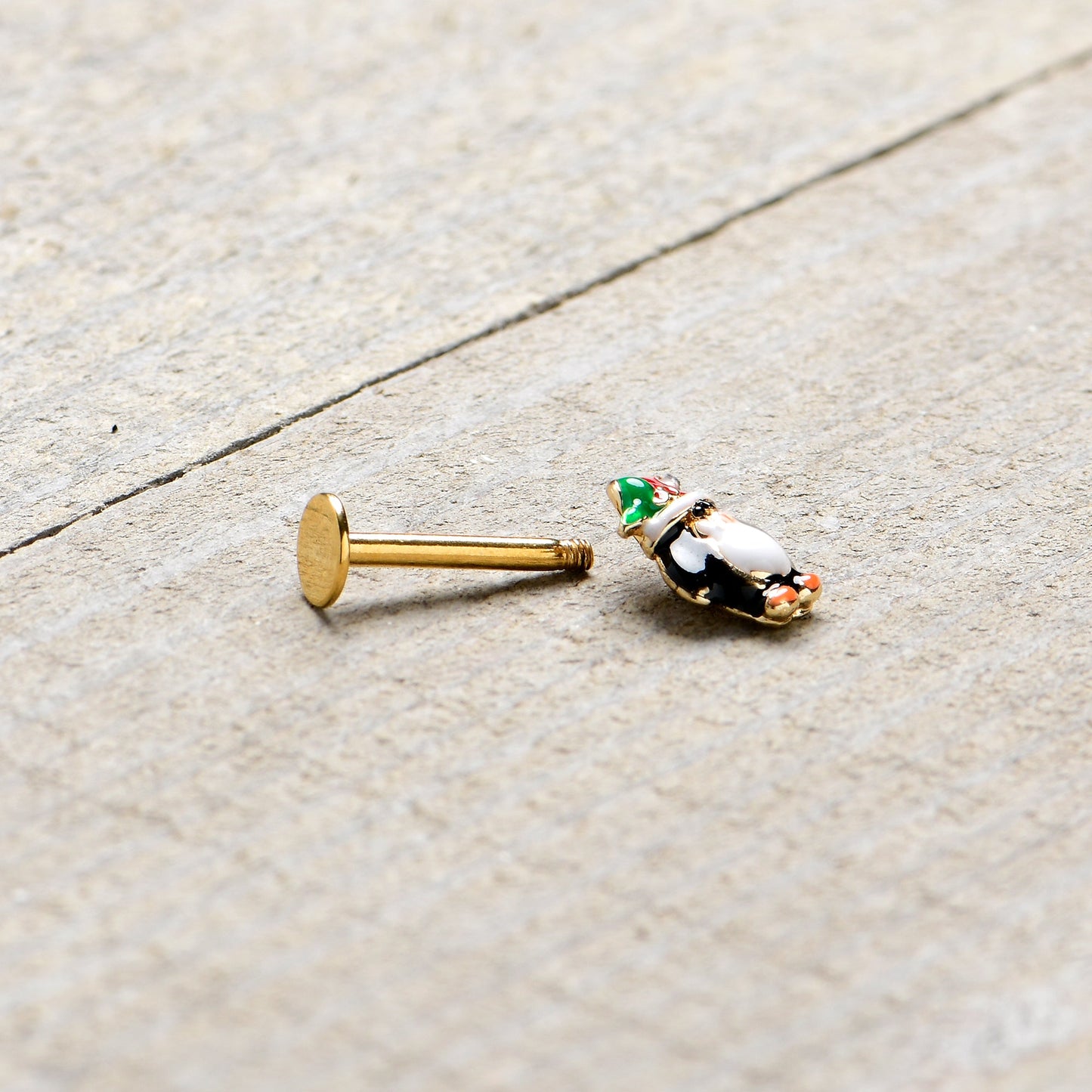 16G 5/16 Gold Tone Holly Hat Penguin Holiday Labret Monroe Tragus