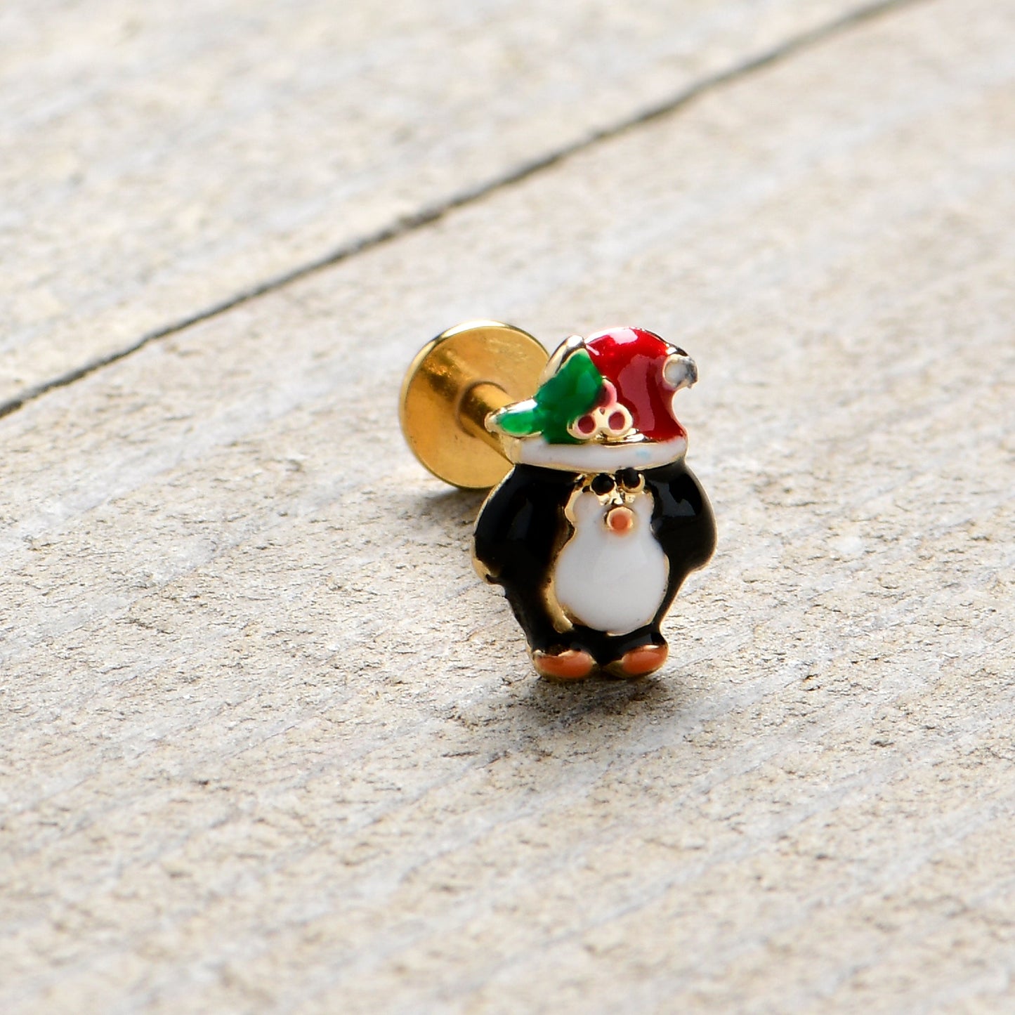 16G 5/16 Gold Tone Holly Hat Penguin Holiday Labret Monroe Tragus