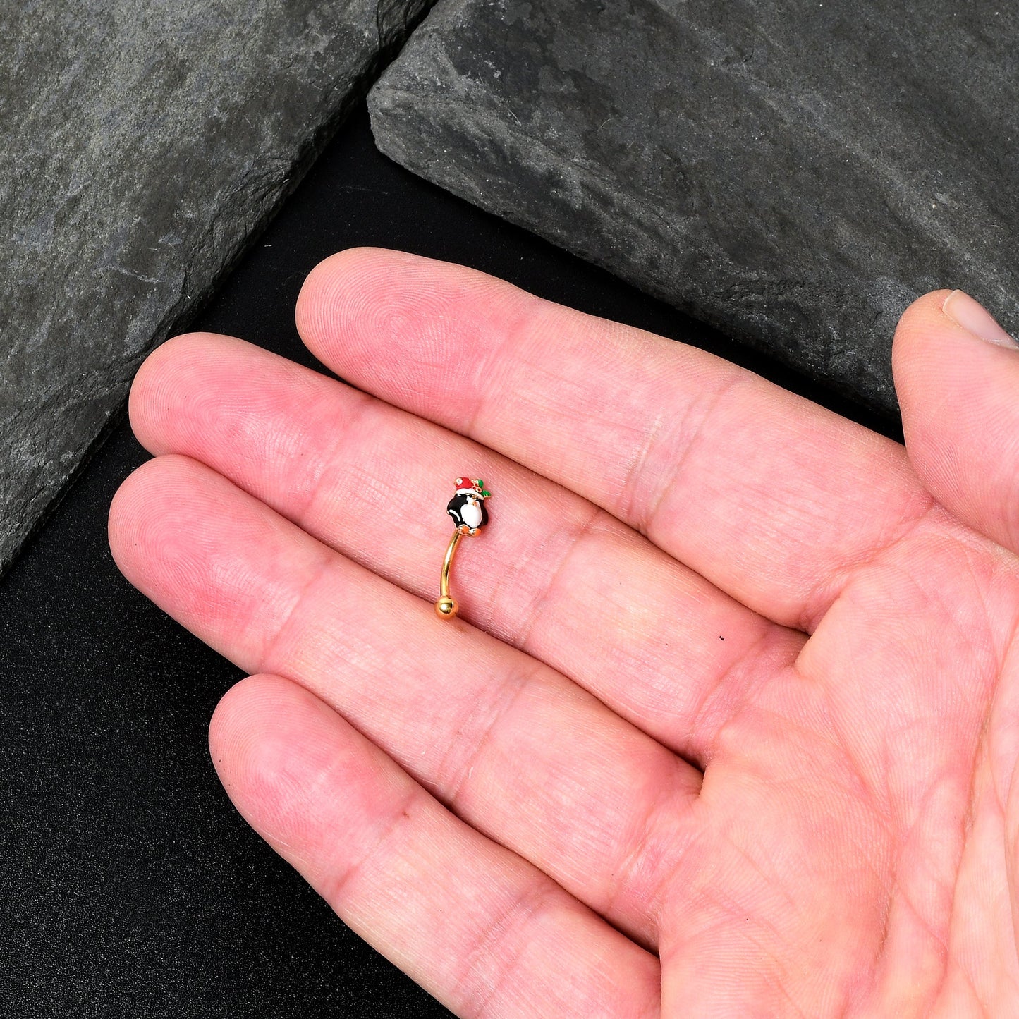 16G 5/16 Gold Tone Holly Hat Penguin Holiday Curved Eyebrow Ring