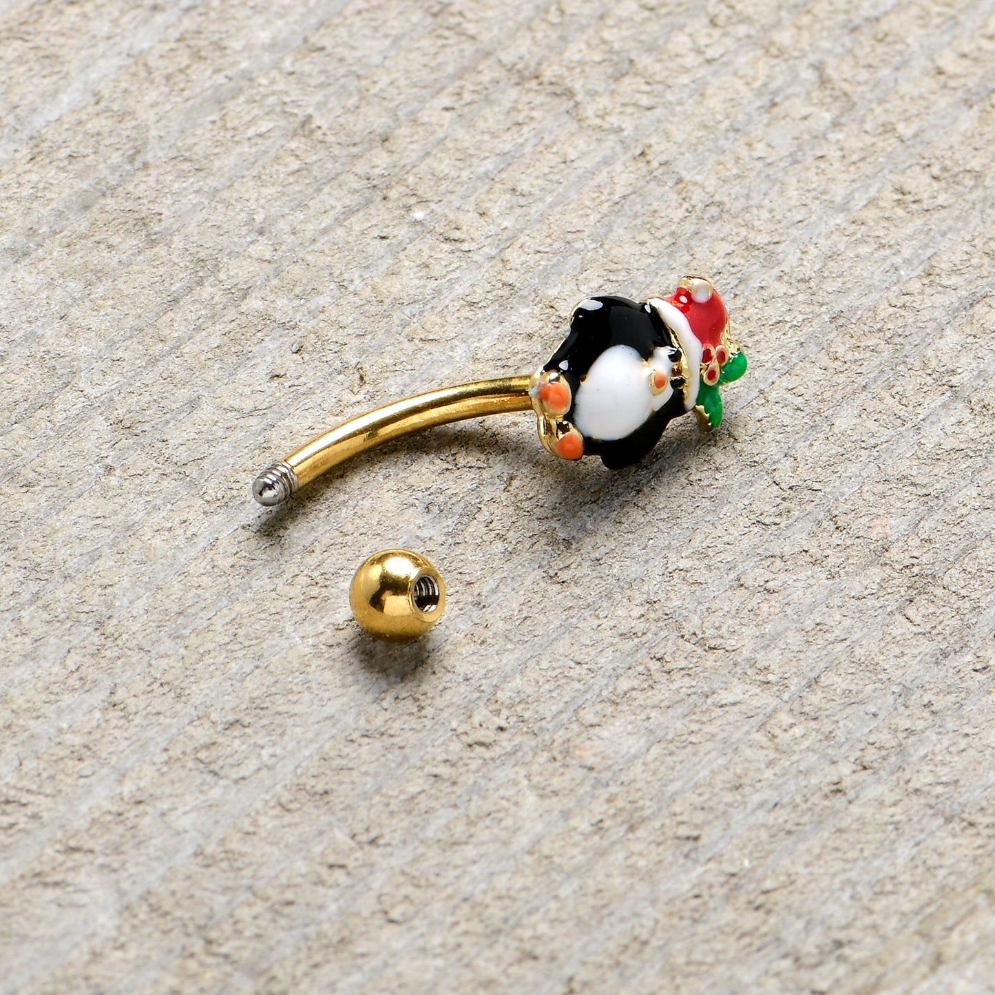16G 5/16 Gold Tone Holly Hat Penguin Holiday Curved Eyebrow Ring