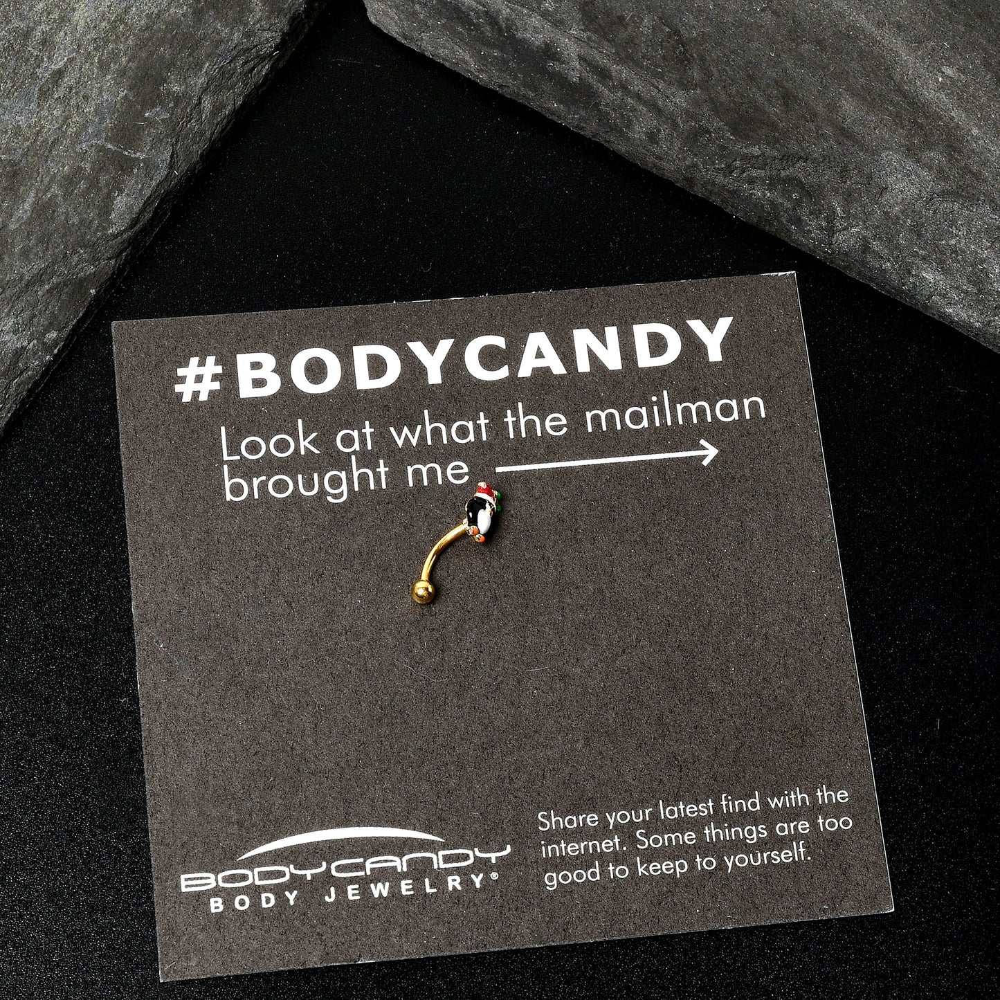 16G 5/16 Gold Tone Holly Hat Penguin Holiday Curved Eyebrow Ring