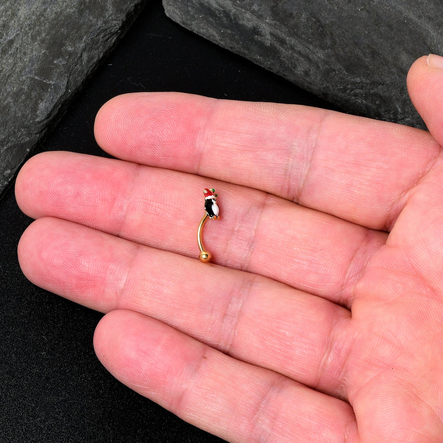 16G 5/16 Gold Tone Holly Hat Penguin Holiday Curved Eyebrow Ring