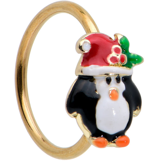 20G 5/16 Gold Tone Holly Hat Penguin Holiday Nose Hoop
