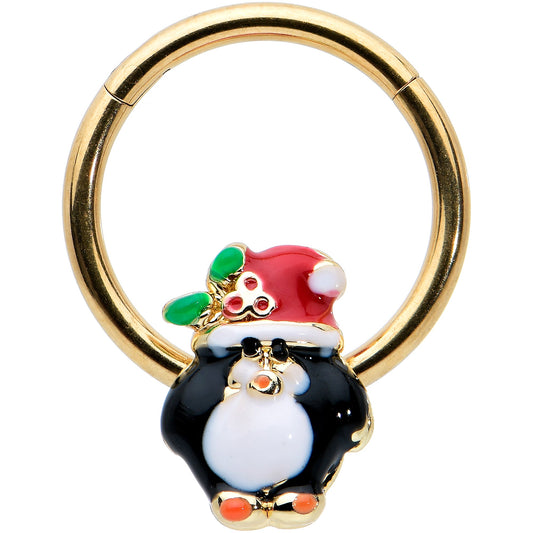 16G 3/8 Gold Tone Holly Hat Penguin Holiday Hinged Segment Ring