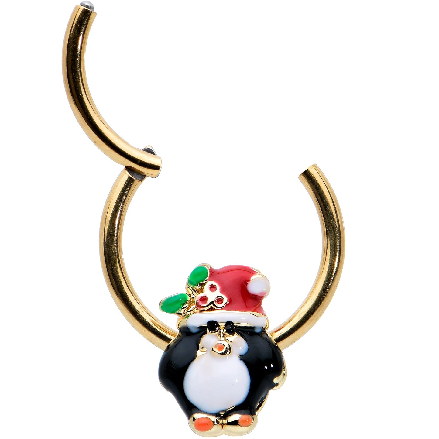 16G 3/8 Gold Tone Holly Hat Penguin Holiday Hinged Segment Ring