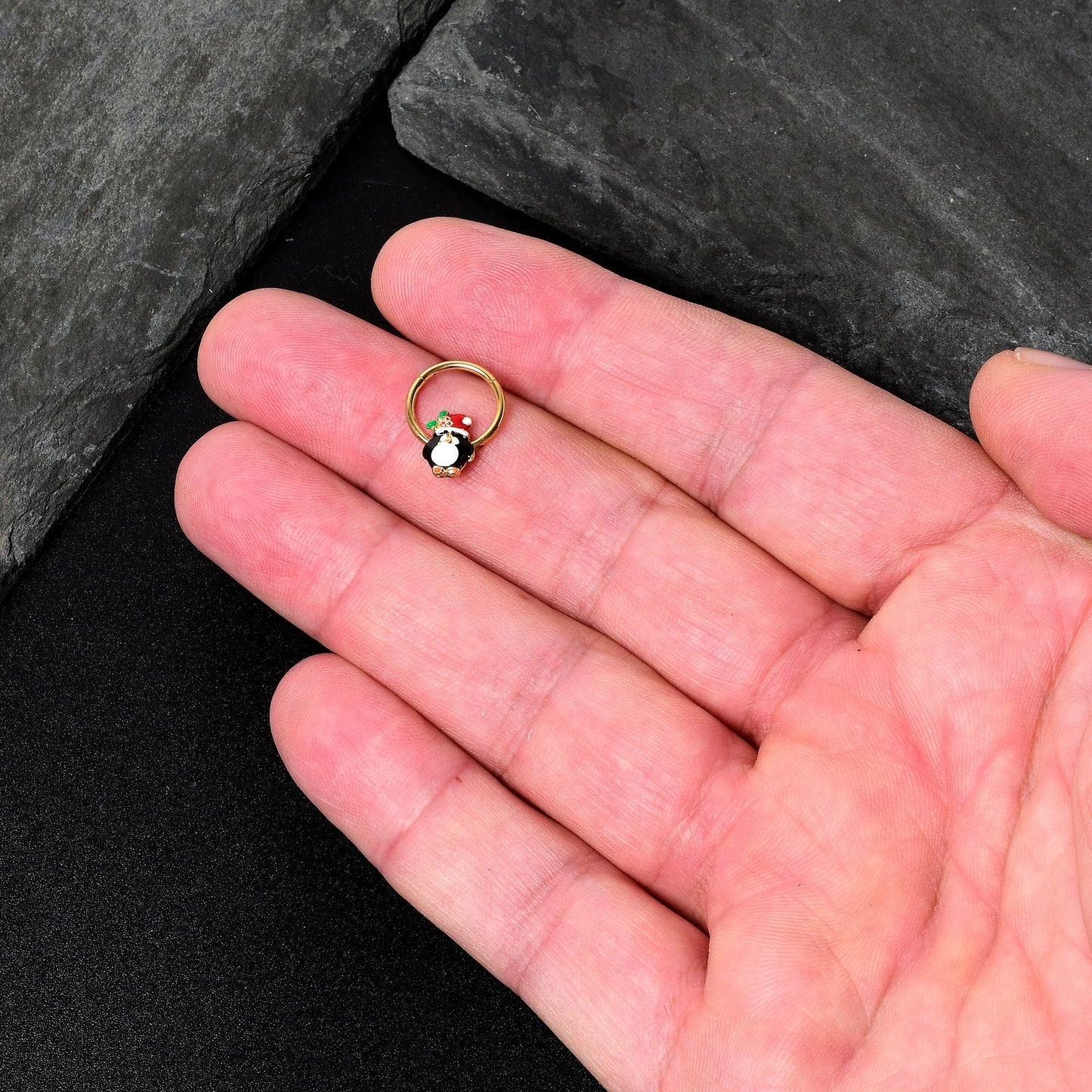 16G 3/8 Gold Tone Holly Hat Penguin Holiday Hinged Segment Ring