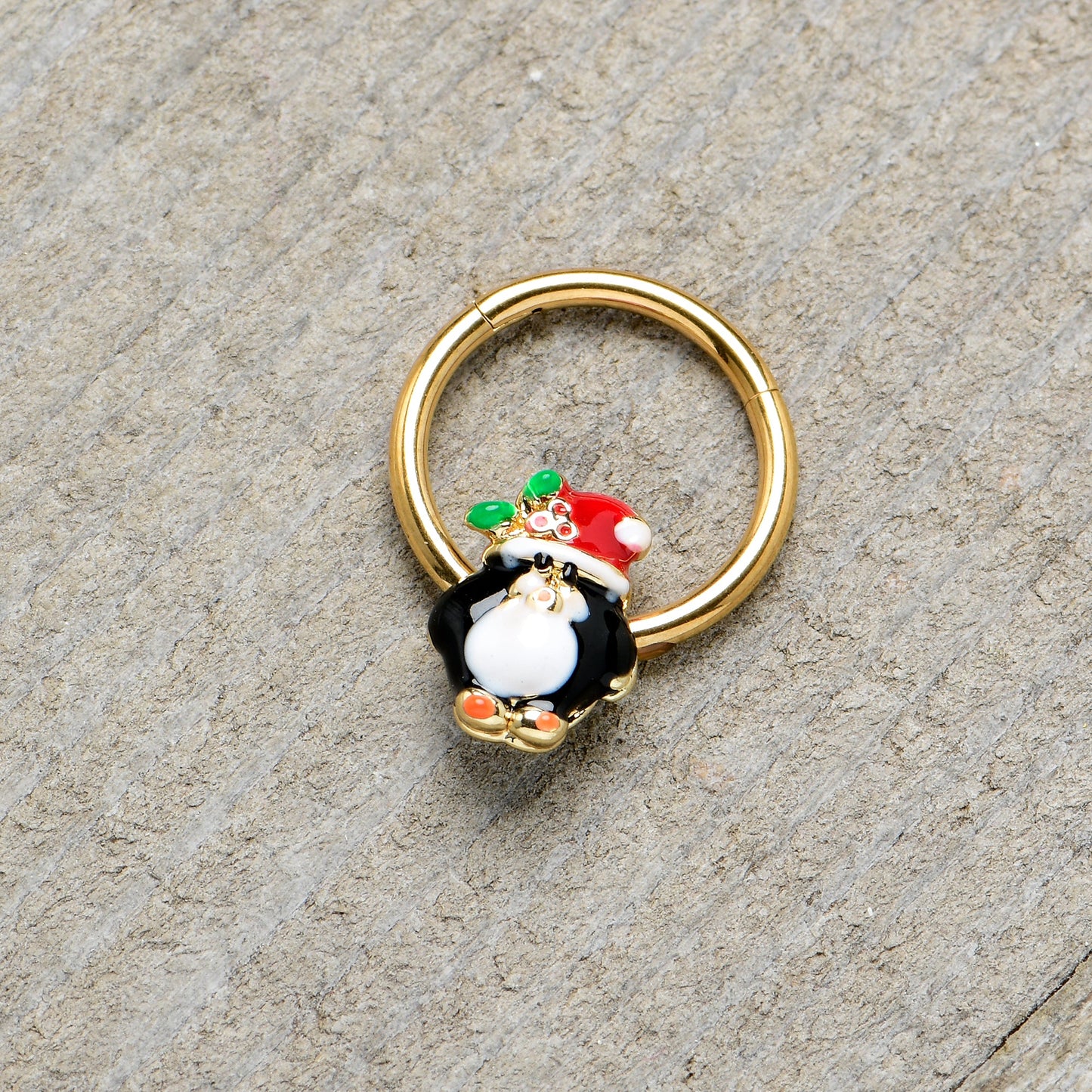 16G 3/8 Gold Tone Holly Hat Penguin Holiday Hinged Segment Ring