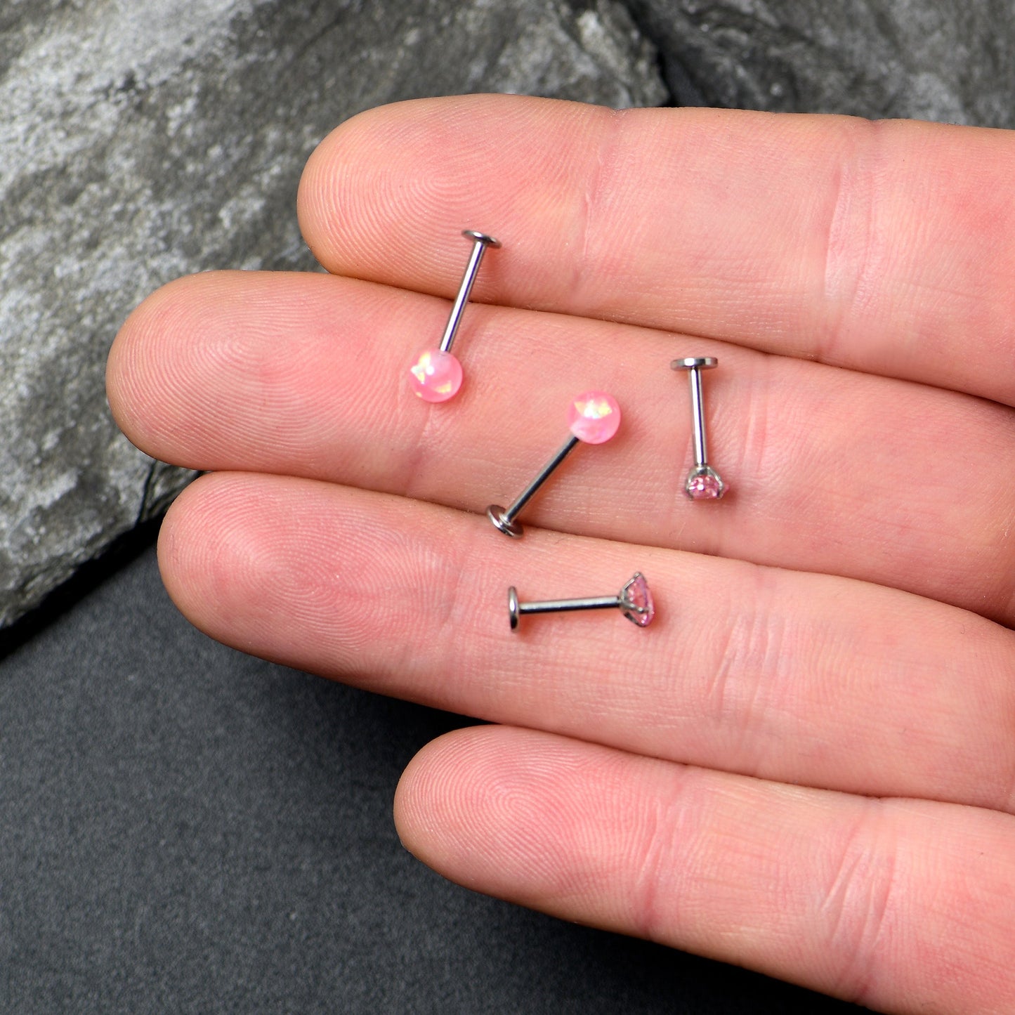 16G 5/16 3/8 Pink Gem Faux Opal Labret Monroe Tragus Set of 4