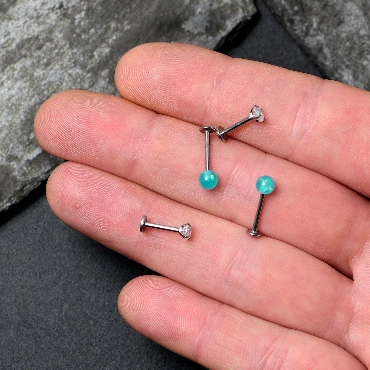 16G 5/16 3/8 Aurora Gem Green Faux Opal Labret Monroe Set of 4