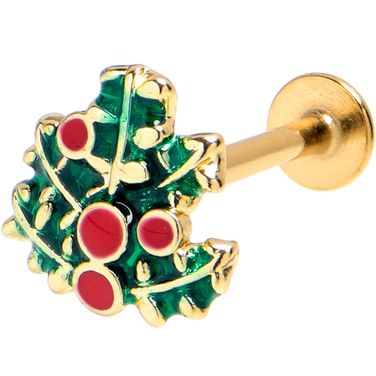 16G 5/16 Gold Tone Festive Holly Sprig Labret Monroe Tragus