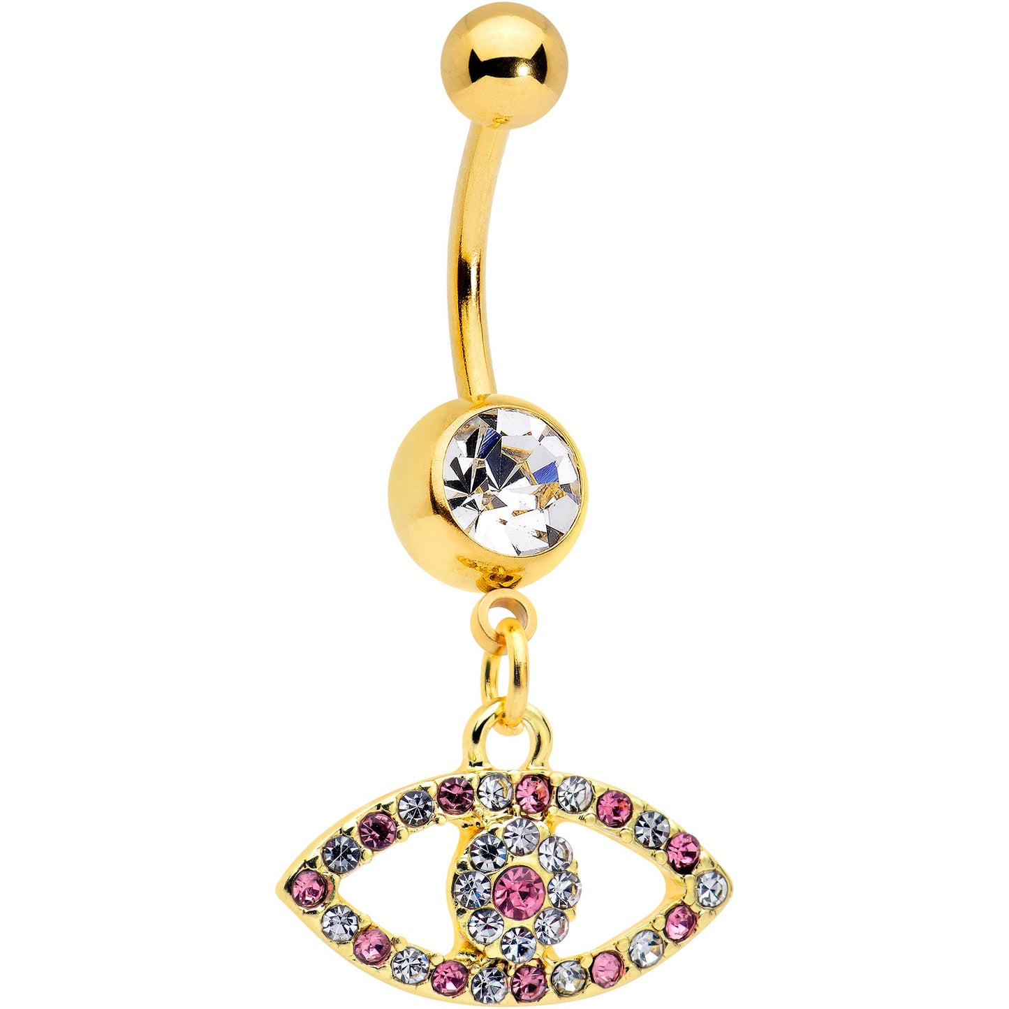 Pink Clear Gem Gold Tone Wide Eye Dangle Belly Ring