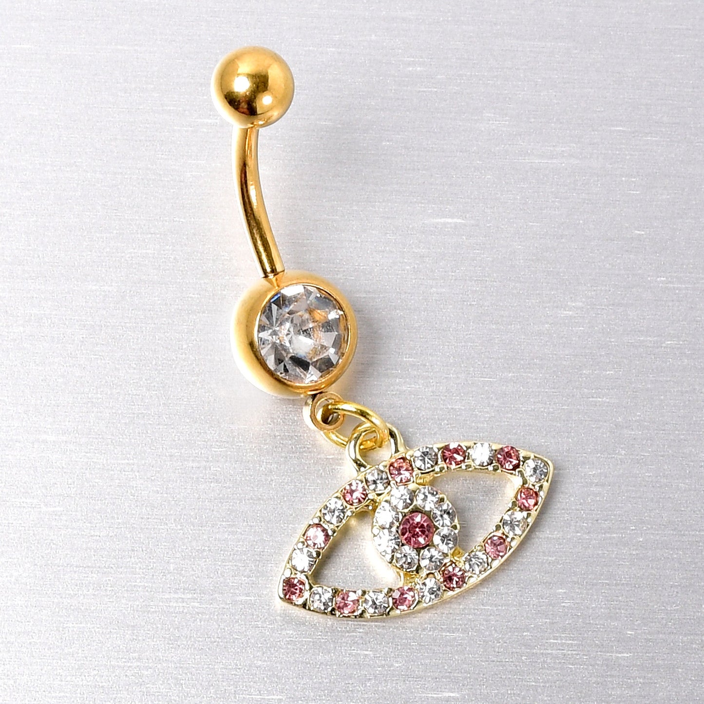 Pink Clear Gem Gold Tone Wide Eye Dangle Belly Ring
