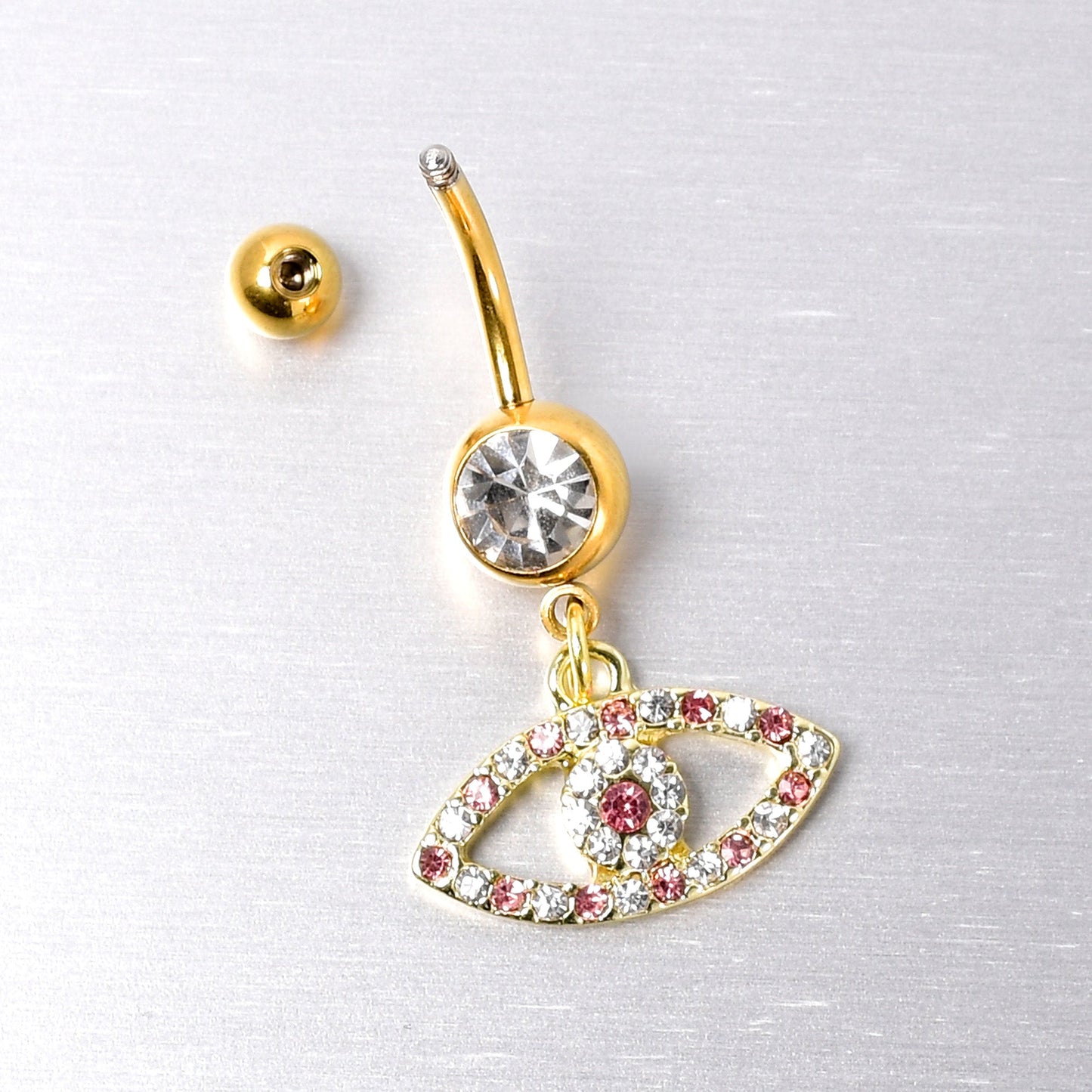 Pink Clear Gem Gold Tone Wide Eye Dangle Belly Ring