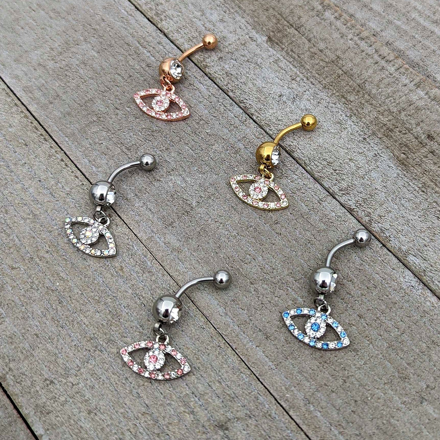 Pink Clear Gem Gold Tone Wide Eye Dangle Belly Ring