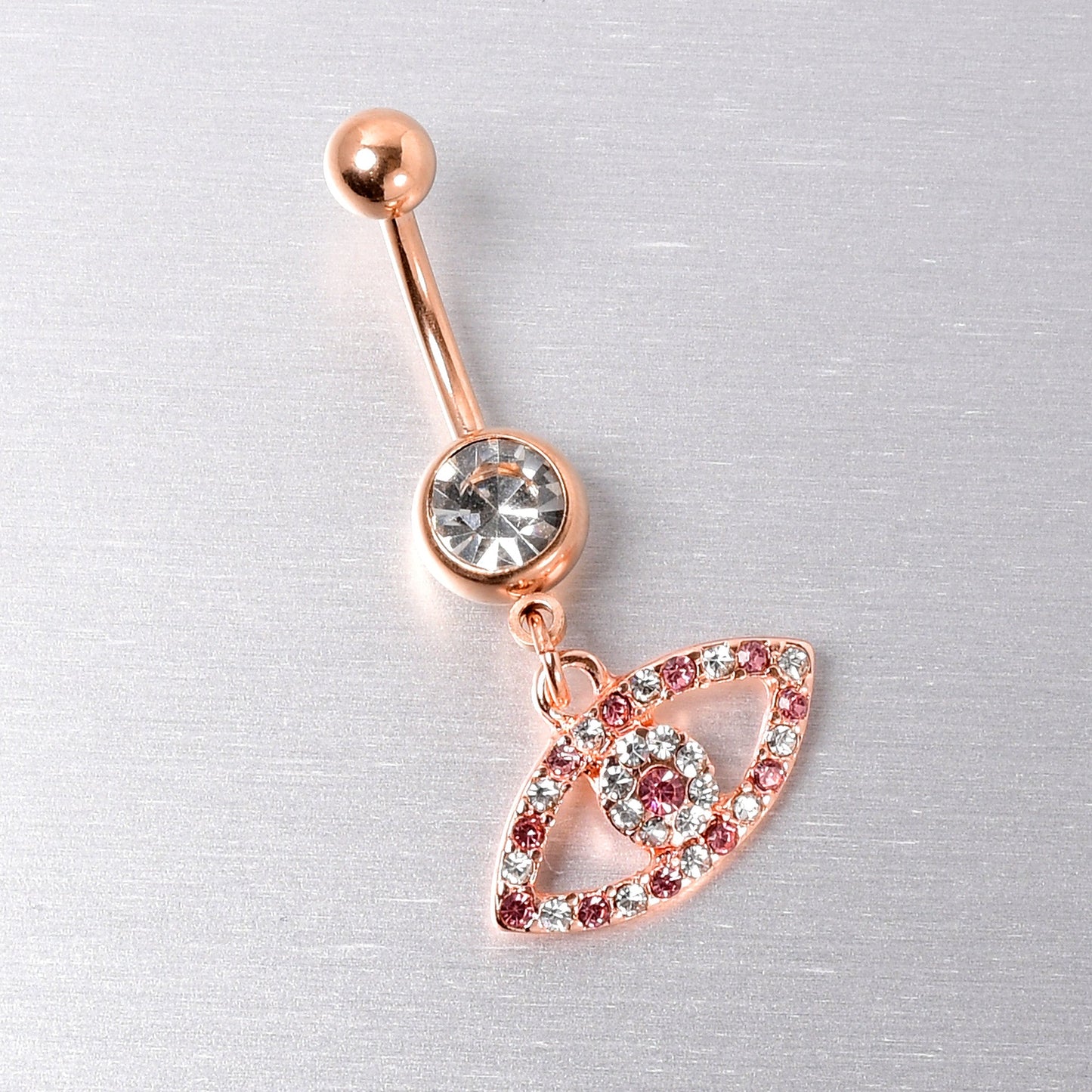 Pink Clear Gem Rose Gold Tone Wide Eye Dangle Belly Ring