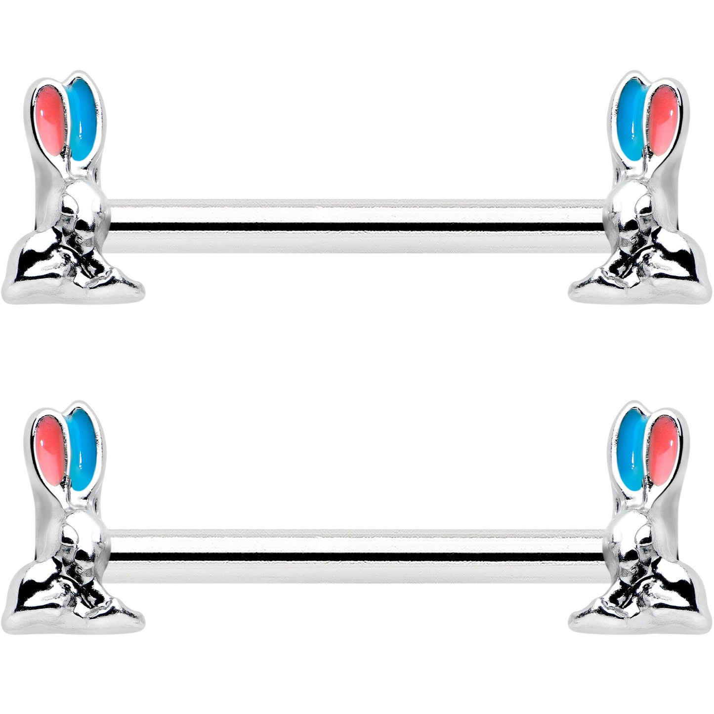 14G 9/16 Easter Bunny Blue Red Ears Barbell Nipple Ring Set
