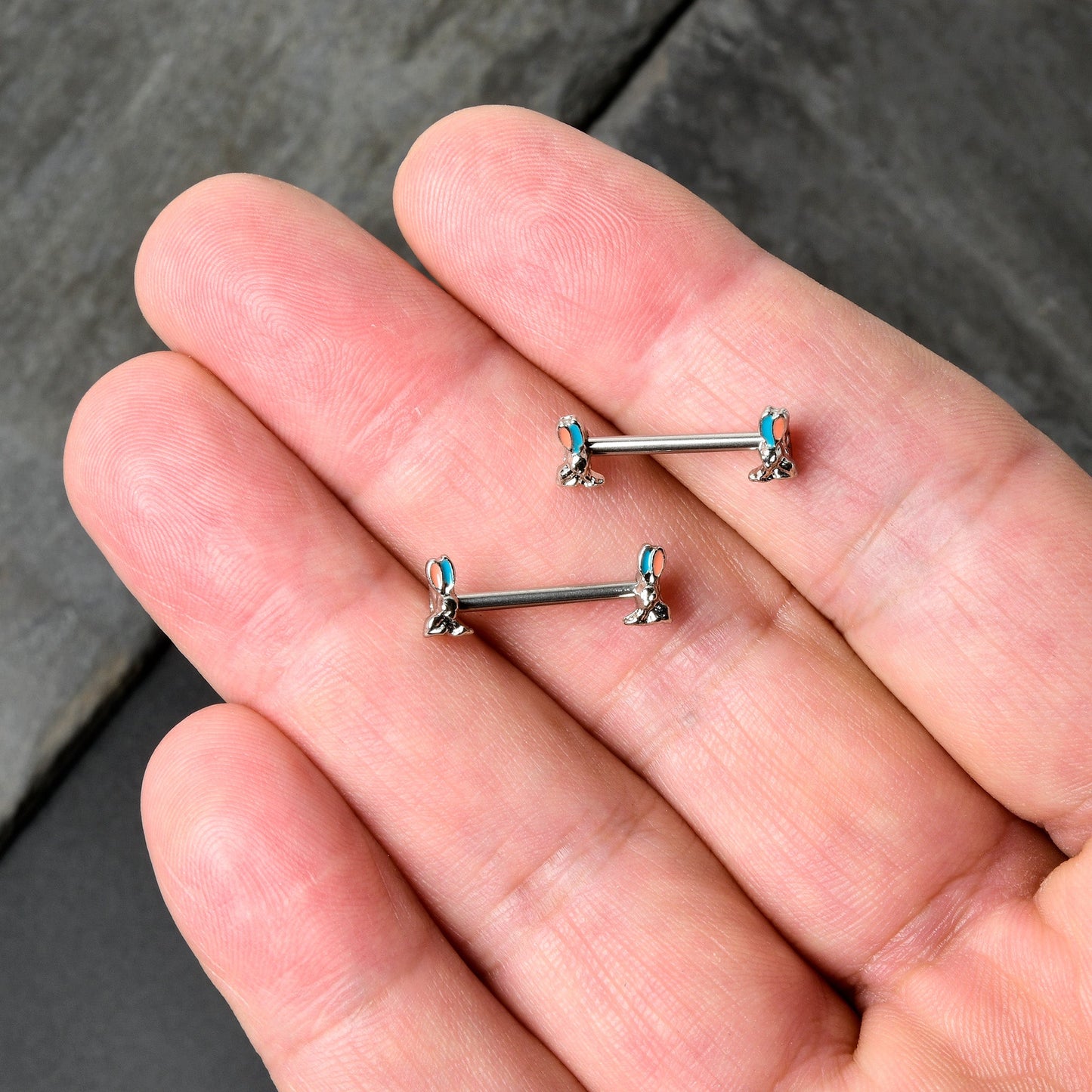 14G 9/16 Easter Bunny Blue Red Ears Barbell Nipple Ring Set