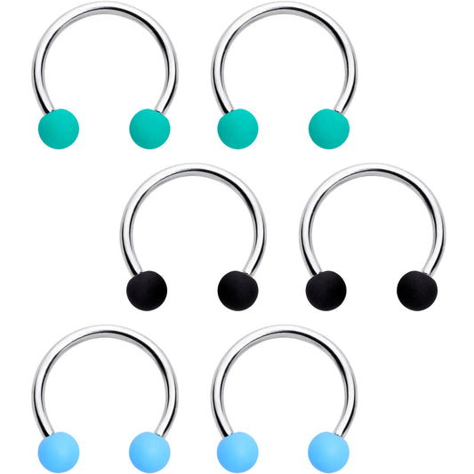 16G 3/8 Matte Black Blue Teal Horseshoe Circular Barbell Set of 6