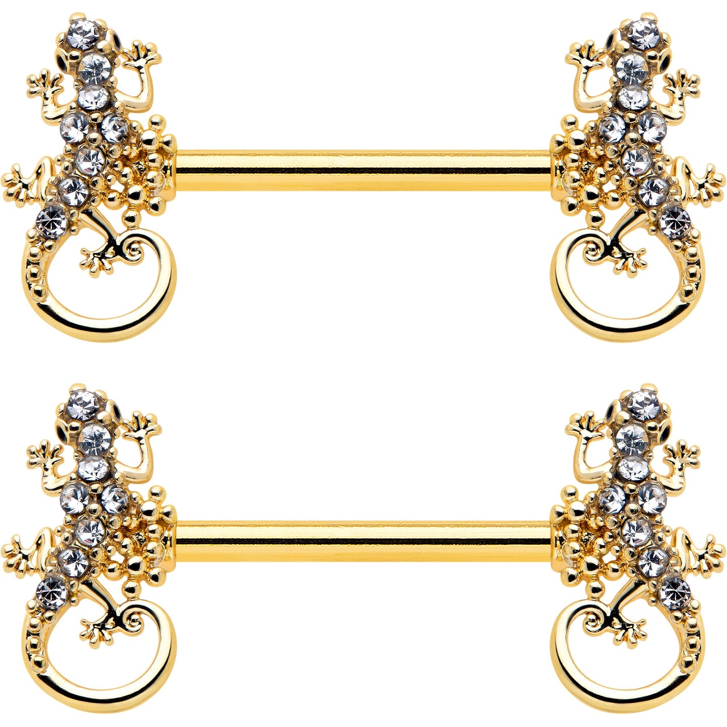 14G 9/16 Clear Gem Gold Hue Luscious Lizard Barbell Nipple Ring Set