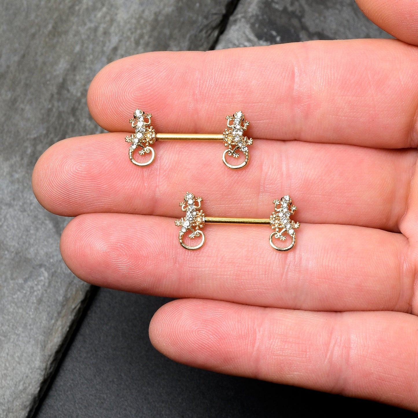 14G 9/16 Clear Gem Gold Hue Luscious Lizard Barbell Nipple Ring Set