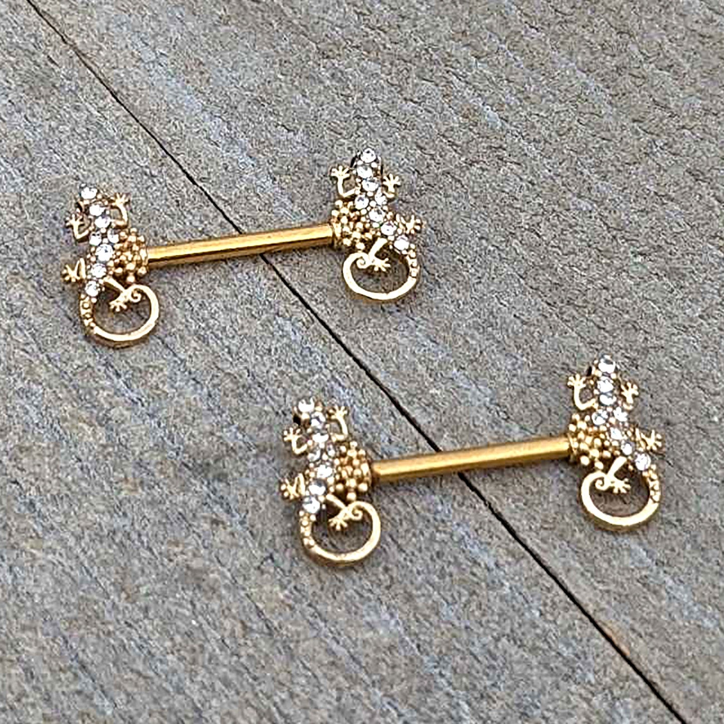 14G 9/16 Clear Gem Gold Hue Luscious Lizard Barbell Nipple Ring Set