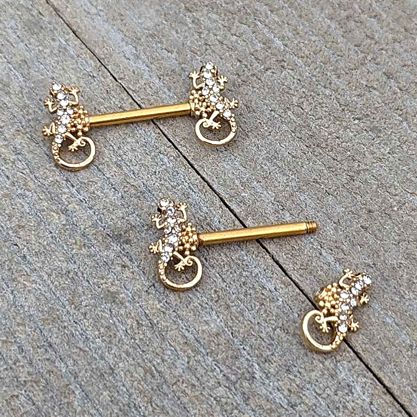 14G 9/16 Clear Gem Gold Hue Luscious Lizard Barbell Nipple Ring Set