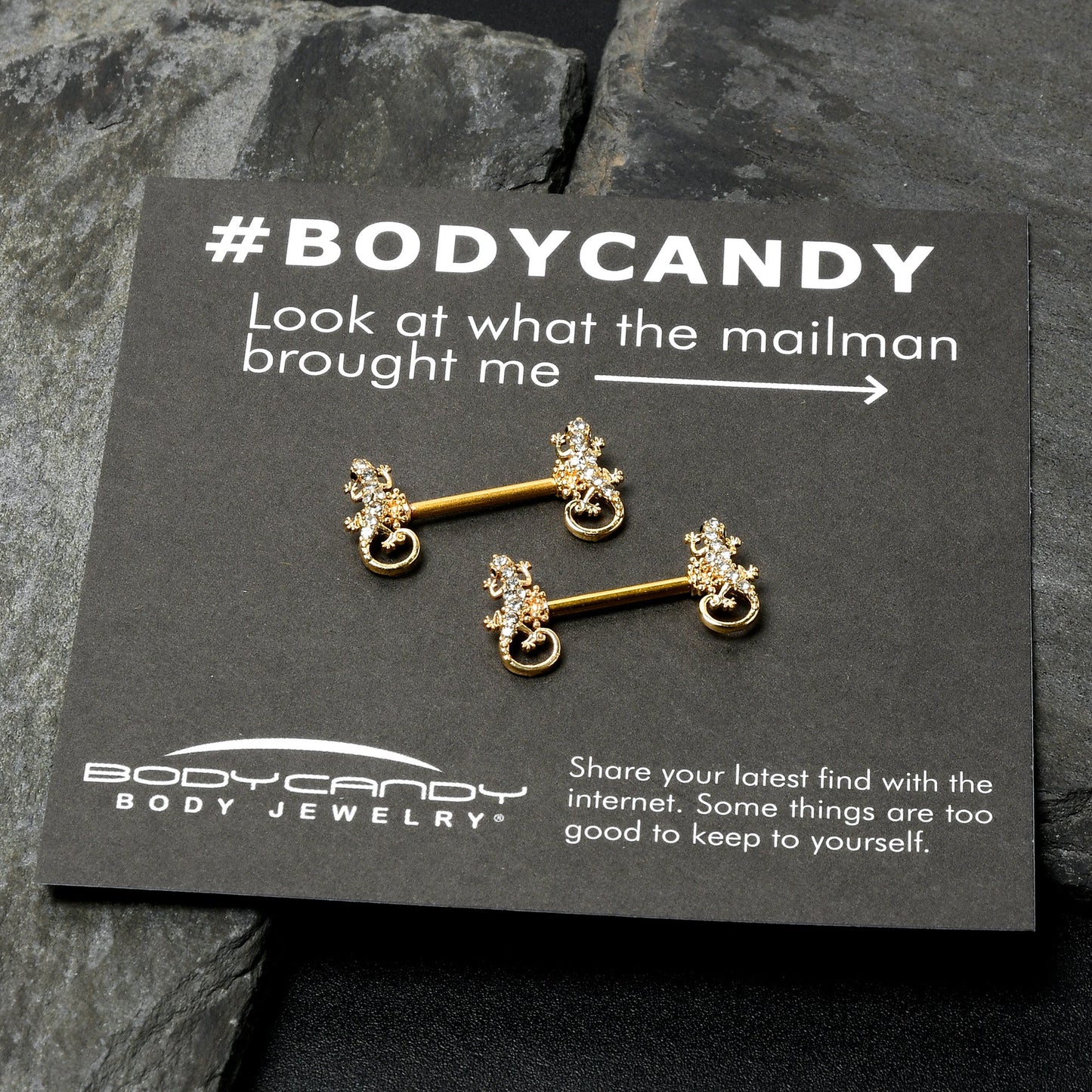 14G 9/16 Clear Gem Gold Hue Luscious Lizard Barbell Nipple Ring Set