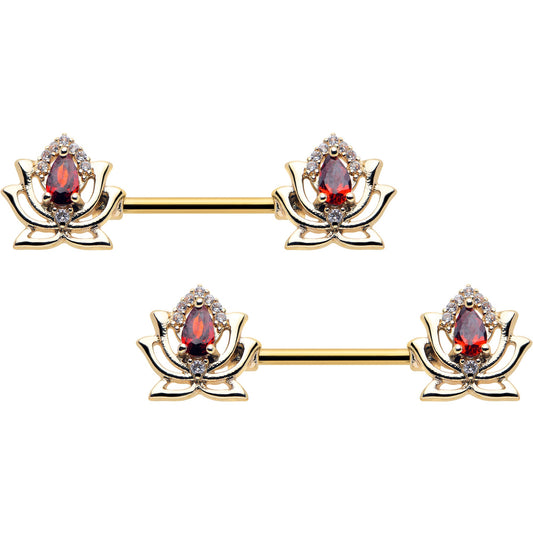14G 9/16 Red Gem Gold Tone Royal Lotus Barbell Nipple Ring Set