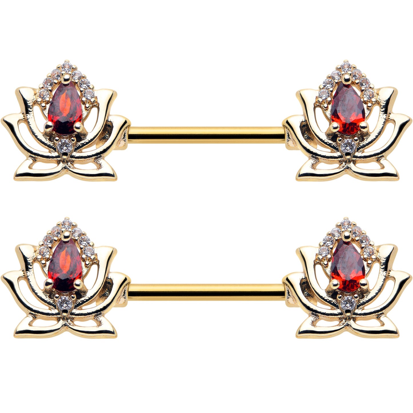 14G 9/16 Red Gem Gold Tone Royal Lotus Barbell Nipple Ring Set