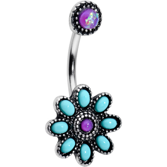 Blue Faux Opal Flower Teal Petals Double Mount Belly Ring