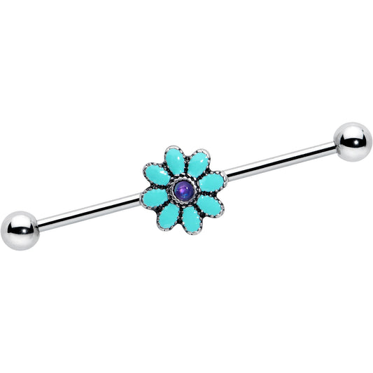 14G Blue Faux Opal Flower Teal Petals Industrial Barbell 38mm