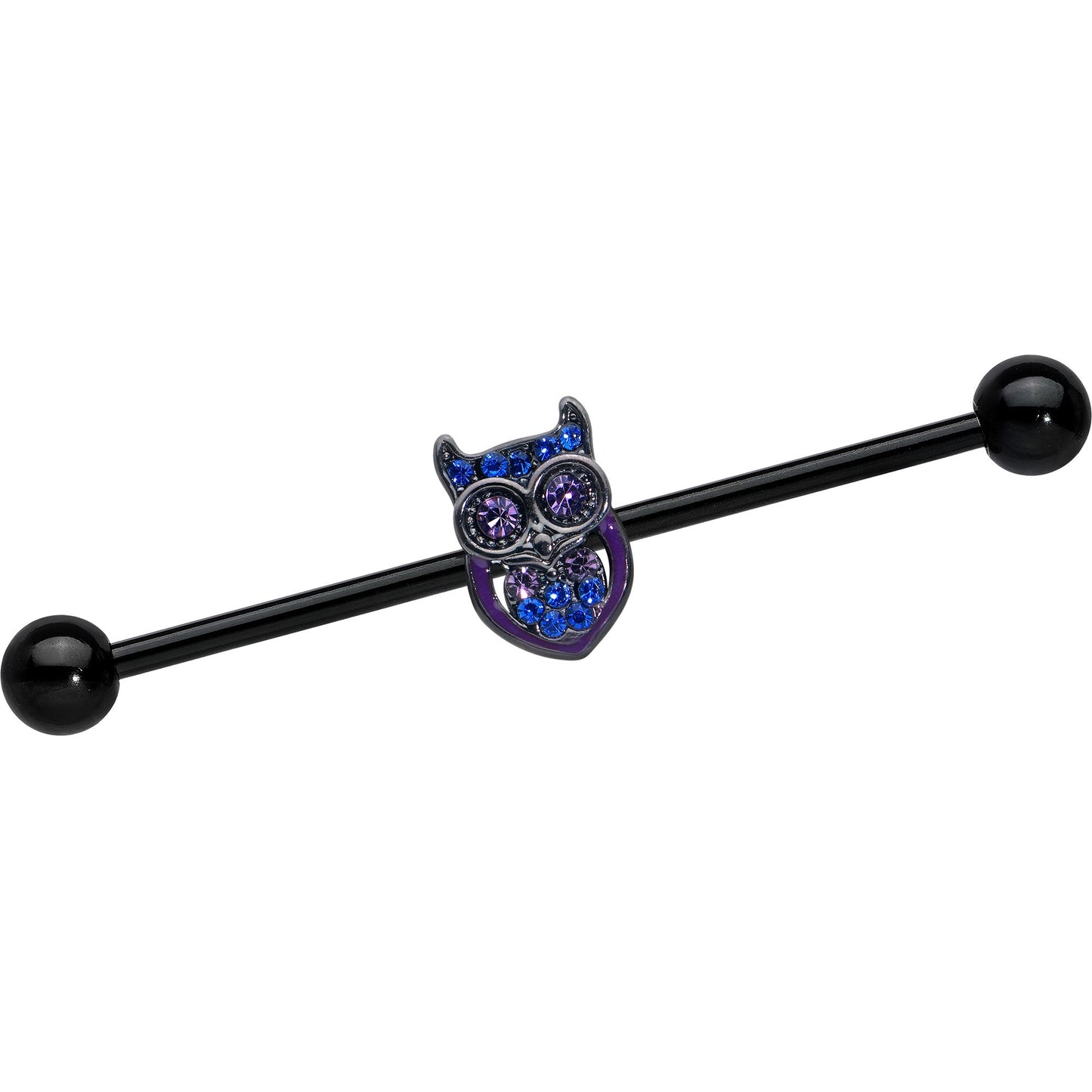 14G Blue Purple Gem Black Opulent Owl Industrial Barbell 38mm