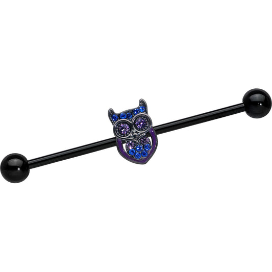 14G Blue Purple Gem Black Opulent Owl Industrial Barbell 38mm
